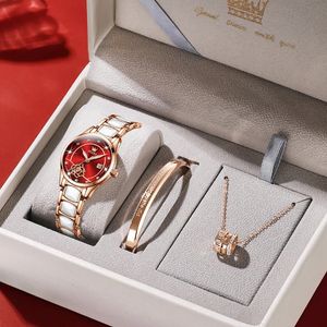 OLEVS Women's Quartz Watch Luxury Bracelet Set Ladies Watch Elegant Camellia Dial Rose Gold Female WristWatch Business Watch 240320
