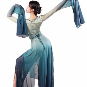 Классический танец Body Rhyme Gauze Dr Элегантный сказочный топ с разрезом Юбка Китайский древний народный танец Сценическая одежда G1pS #