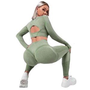 Yoga Outdoor Bottom Fiess Peach Hip Hollow Tight Long Sleeved Pants Sports Two Piece Set
