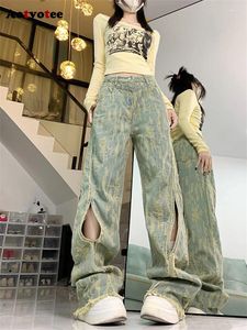 Kvinnors jeans aotvotee blå rippad för kvinnor 2024 mode streetwear hög midja raka byxor vintage löst bredben länge