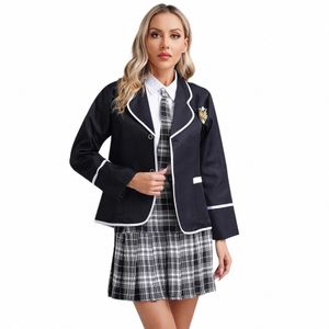 женская школьная форма в британском стиле, рубашка с рукавами Lg на талии и галстуком, значок, брошь, плиссированная юбка, комплект костюма Хален 27JK #
