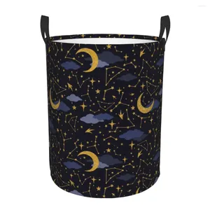 Sacchetti per la biancheria Stelle celesti e lune in oro Cesto blu scuro Cesto per cielo notturno estetico per borsa per giocattoli per bambini