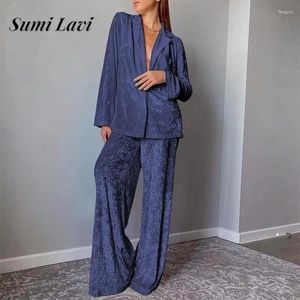 Women's Two Piece Pants Casual Velvet Pajamas Set Fashion Deep V Neck Long Sleeve Shirt Matching Suit Autumn Ladies Wide Leg Trousers