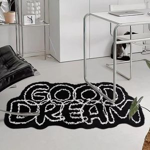 Tapetes Long Tufting Bom Sonho Sala de estar Tapete Preto Letras Brancas Quarto Tapete Corredor Área Tapete Capacho Estético Home Decor