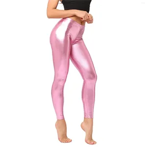 Pantaloni da donna Leggings metallizzati da donna lucidi Colore caramella Fitness Pu Pantaloni sportivi slim Pantaloni da jogging per feste da ballo da donna Abbigliamento sportivo da yoga