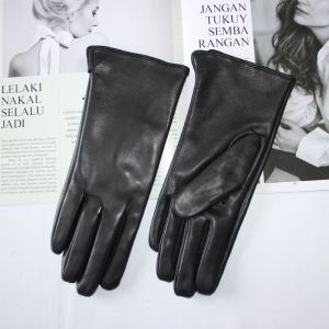 Yeni bayanlar koyun derisi eldivenleri açık boyama düz renk ince tek deri çizgili siyah ipek astar sürüş eldivenleri