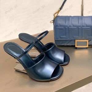 Marineblau geformte hochhackige Maultierschuppen Metallic High Heels Open Toes Slid-On-Gleitsandalkeil-Slipper-Kalb-Kalb für Frauen Luxus-Designerschuhe mit Schachtel