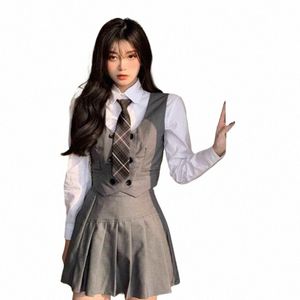 kawaii Lady School Uniforms Casual Vest Jacket&Shirt&Pleated Skirt&Tie Lg Sleeve School Suit Female College Style Sets 44HE#