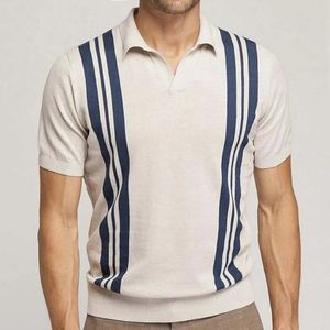 Sommerkleidung Herren Licht Luxus gestrickt Patchwork Poloshirt Mode gestreift V-Ausschnitt einfarbig Kurzarm Freizeit Strickwaren 240326