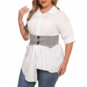 Camicia bianca da donna taglie forti con cintura d'attesa Camicia curva asimmetrica a maniche corte con spalla cadente Top per donna Camicetta OL Taglia grande t6SO #