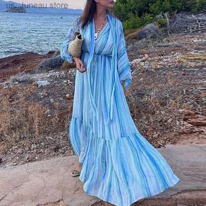 Basic Casual Dresses Fashion Print Lace-up Bohe Party Dress Sexy Dp V-neck Lantern Long Slve Beach Dress Women Elegant Pleated Swing Long Dresses T240330