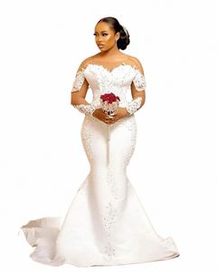 Niestandardowy luksus ślub Dr dla kobiet koraliki koronkowe aplikacje Sheer szyi rękawy ślubne suknia ślubna Satynowa przyjęcie weselne Dr I4zy#