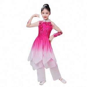 Costume da ballo classico per bambini Ragazza Jasmine Yangge Dance Nuovo costume etnico per fan Ombrello Costume da ballo elegante J5Fv #