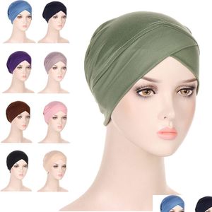 Beanie/Skull Caps New Women Muslim Hijab Inner Cap Underscarf Solid Color Head Scarf Cross Headband Headwrap Turban Drop Del Dhjfk