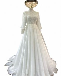 Funyue 우아한 높은 목 플러스 크기 맞춤형 웨딩 DR A-LINE BEADING BODICE TULLE VENDIDOS DE CASAMANTO White Bridal Dr J5oc#