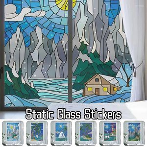 Window Stickers Blue Oil Painting Style Glass Film Electrostatic Bathroom Nti-Peep Frosted Semi-Opaque Privacy