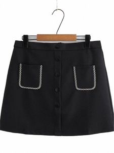 Plus-storlek kvinnors kjol n-stretch polyester miniskirt sommar svart kjol dekorerad med strokfickor kjol för fylliga kvinnor o4mv#