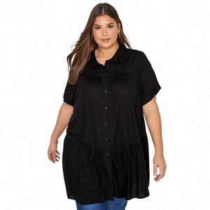 plus Size Summer Elegant Lgline Smock Shirt Women Short Sleeve Black Casual Tiered Blouse Large Size Loose Black Shirt 6XL 7XL u869#