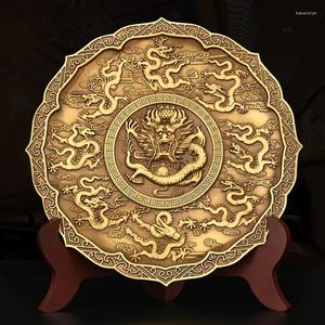 Estatuetas decorativas de cobre puro jiulong placa ornamento parede com suporte sala estar decoração antigo alívio