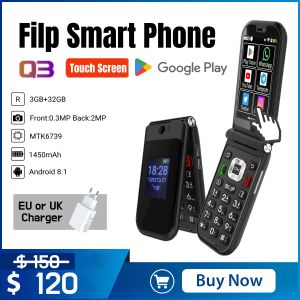 Новая модель Q3 4G Android 8 MTK 6739 сенсорный экран 1450MAH Flip Smart Phone WiFi 2,8 дюйма 3GB 32 ГБ версии