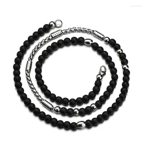 Kedjor grossistsmycken - 67 cm x 6 mm rostfritt stål svarta pärlor kedja halsband för män mode juveler hiphop