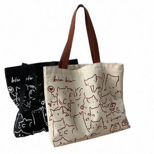 Холщовые сумки Сумочка для женщин Shopper Cute Cat Tote Bag с застежкой-молнией Дизайнерская сумка в японском стиле Carto Маленькие сумки на ремне O7QH #