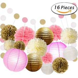 Party Decoration Decorations Kit 16 Pcs Gold Pink Supplies Including Paper Lanterns And Tissue Pom Poms For Decor