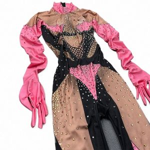 Sexig Pink Crystal Jumpsuit Women Nightclub Print Leotard Dance Costume Birthday Pole Pole DJ Bar Singer Stage Show Clothing 58AA#