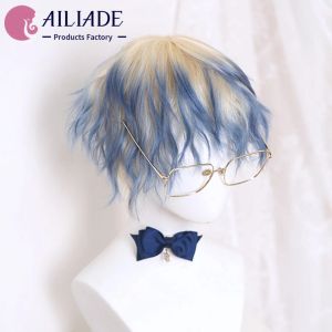 Peruker ailiade syntetiska korta lockiga peruker för män pojkar blond blå mörkgrön hår värme resistent daglig fest anime cosplay peruk