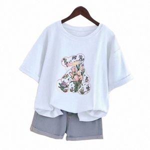 2023 Summer Plus Size Top Cott Y2KT-shirt Women's Bouquet Bear Print T-shirt Oversized Women's T-shirt Free Ship H8Rc#