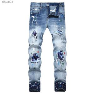 Men's Jeans Mens tie dyed patches stretch denim jeans street clothing ultra-thin tapered pants cracked holes painted blue jeansL2403