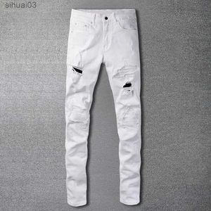 Men's Jeans 2017 Street Clothing Tear Denim Pants Patch Printed Jean Hombre Patch Bicycle Jean White Elastic Mens Jean Skinny Cone TrousersL2403