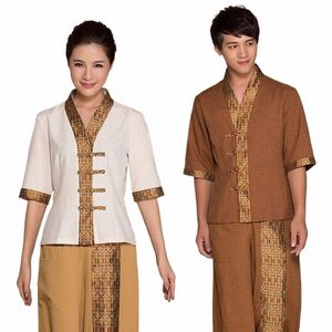 2023 Spring/Autumn New Thai Massage Uniform Polyester Linen Top+ Pants Set Beauty Club Workwear Health Sal Uniform K3re#