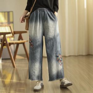 Kadınlar için kadın kot pantolon bahar yaz Japon tarzı çiçek nakış kot düz bacak pantolon saçaklı