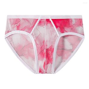 Cuecas masculinas sexy malha ultra-fina seda macia impressa cintura baixa ver através de shorts roupa interior calcinha respirável secagem rápida cuecas masculinas