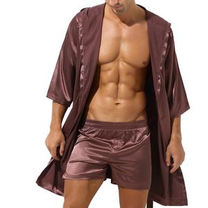 Mens Hooded Bath Robe Short Sleeve House Robe Satin Silk Lounge Bathrobes with Belt Men's Pajamas Homme Kimono Robes Sleepwear