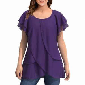 Плюс Размер Повседневная Темно-фиолетовая шифоновая блузка с рюшами и рукавами Многослойная блузка с асимметричным подолом O6di #