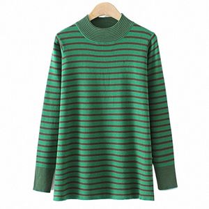 2022 Autumn Women Sweter plus rozmiar odzieży 4xl Slim Fit High StrecTh Striped Winter Seck Szyja LG Sleeve L6P6#