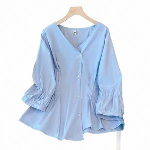 150kgプラスサイズの女性バスト148春秋のスリムVネックデザイン感触シャツ甘いトップブルー5xl 6xl 7xl 8xl 9xl T1S6＃