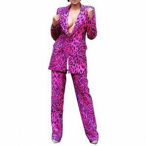 Plus -storlek Formell byxuppsättning Magenta LG Sleeve Leopard Print Blazer Suit Two Piece Pant Set 521i#