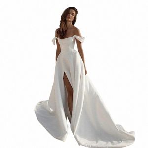 Elegante abito da sposa a sirena in raso per donna 2024 Strapl al largo della spalla spacco laterale sposa abito culo abiti da sposa 204R #