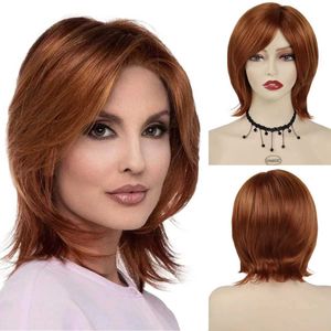 Nxy Vhair Wigs Gnimegil Parrucca sintetica corta diritta per le donne Castano ramato Bob con frangia Capelli morbidi naturali Quotidiano Cosplay Festa Resistente al calore 240330