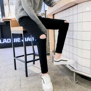 Spring New Black Jeans Knee Flat Hole Pants Men's Trendy Korean Fit Beggar Feet Pants