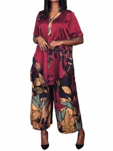 Plus Vonda Bohemian Printed Pants Zestawy Kobiety Eleganckie garnitury 2023 Summer V-deck z krótkim rękawem nieregularne bluzki