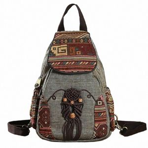 motaora Handmade Backpack Women's Vintage Canvas Backpacks Natial Style Geometrical Printed Bag Female Simple Travel Backpack o0B2#