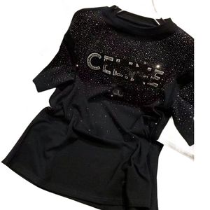 Mulheres de verão O-Gobes Desinger de Manga Curta Rivadas Padrão de Carta Rhinestone Shinny Bling Loose Casual Tees Sml