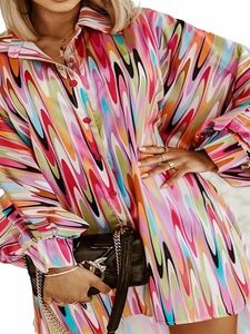 plus Size Casual Top, Women's Plus Abstract Stripe Print Lg Sleeve Butt Up Lapel Collar Shirt Top 25mm#