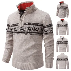 Осень-зима, мужские повседневные жаккардовые свитера с половиной молнии, пуловеры, модные вязаные пуловеры с длинным рукавом с воротником-стойкой для мужчин 240113
