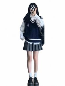 Suit Öğrenciler V yaka sonbahar yeleği gömlek pileli Koreli Kız Kıyafetleri Tepeli Set Gri Yeni Knapılı Parça Örme 3 LG Stil 06hn#