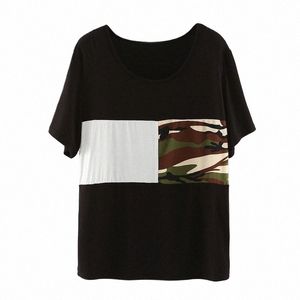 Plus Size Manga Curta Verão Solto Casual T-shirt Mulheres O-pescoço Pulôver Patchwork Camoue Túnica Tops Mulheres Roupas Tamanho Grande Z3pX #